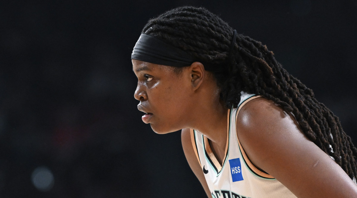 New York Liberty forward Jonquel Jones looks down court against the Las Vegas Aces during the WNBA Finals.